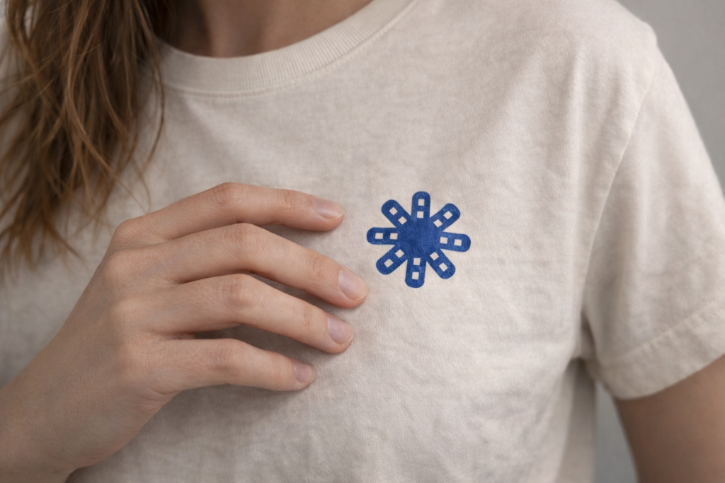 Persona con camiseta estampada con el isotipo de La Mancha Gráfica.