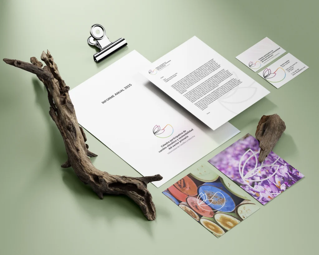 Aplicaciones de la identidad visual de la Cátedra participativa de cambio climático y sostenibilidad del sector primario en papelería corporativa.